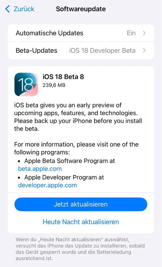 松山苹果手机维修分享苹果 iOS / iPadOS 18 开发者预览版 Beta 8 发布 